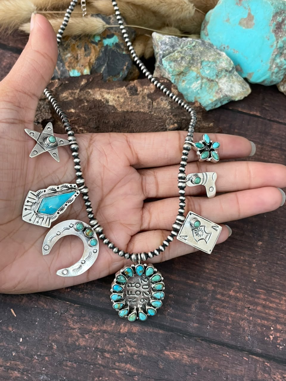 Handmade Sterling Silver Kingman Turquoise NFR Collection: Beaded Necklace Signed Nizhoni