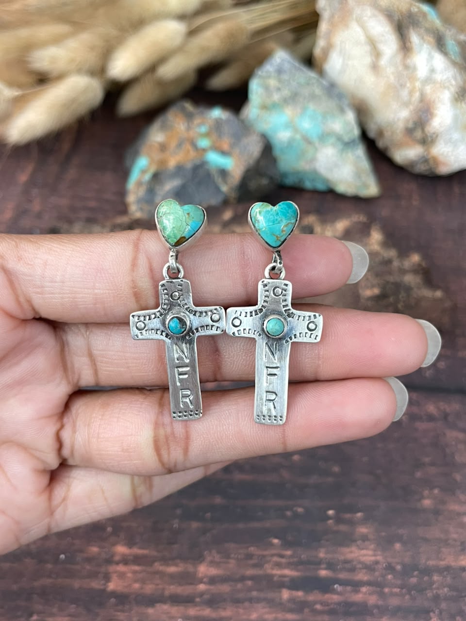 Handmade Sterling Silver Kingman Turquoise NFR Collection: Cross Post Dangle Earrings Signed Nizhoni