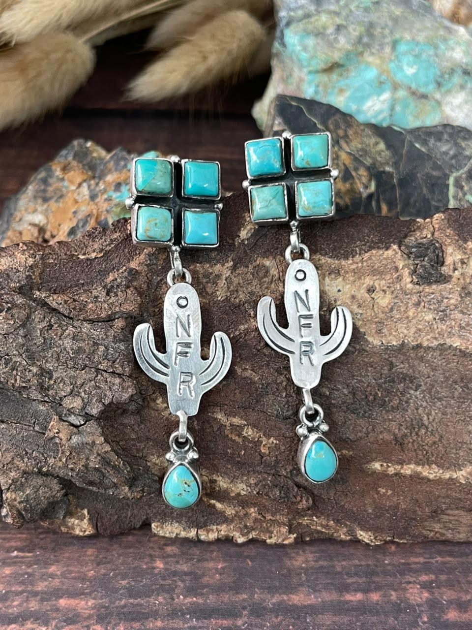Handmade Sterling Silver Kingman Turquoise NFR Collection: Cactus Post Dangle Earrings Signed Nizhoni