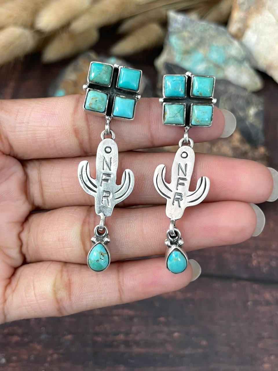 Handmade Sterling Silver Kingman Turquoise NFR Collection: Cactus Post Dangle Earrings Signed Nizhoni