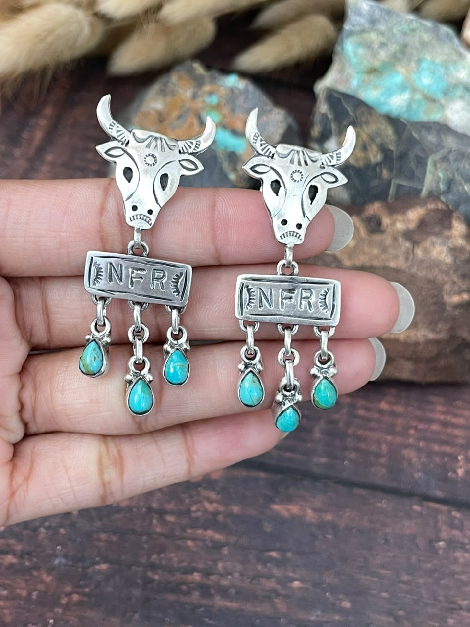 Handmade Sterling Silver Kingman Turquoise NFR Collection: Bull Head Post Dangle Earrings Signed Nizhoni