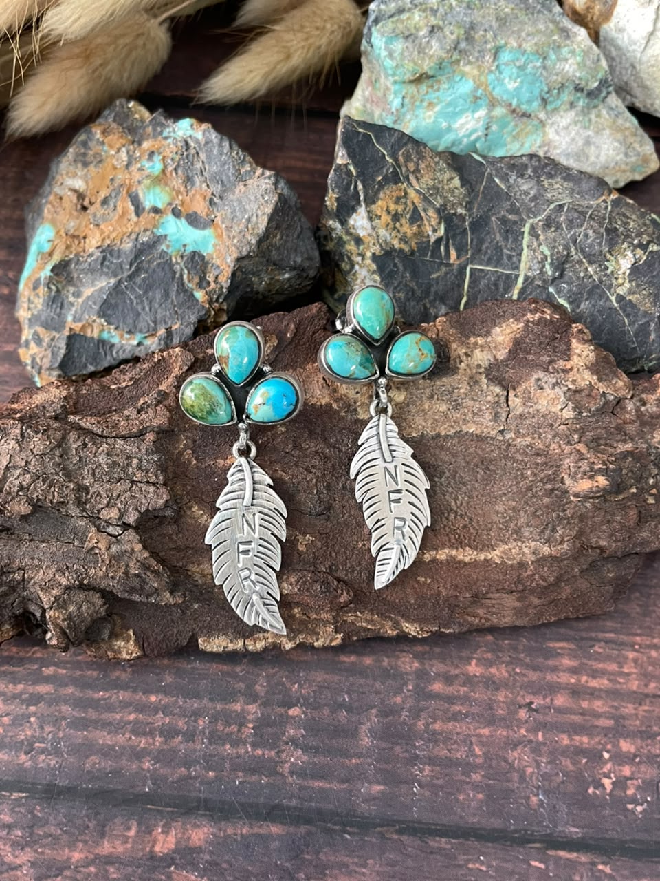 Handmade Sterling Silver Kingman Turquoise NFR Collection: Post Dangle Earrings Signed Nizhoni