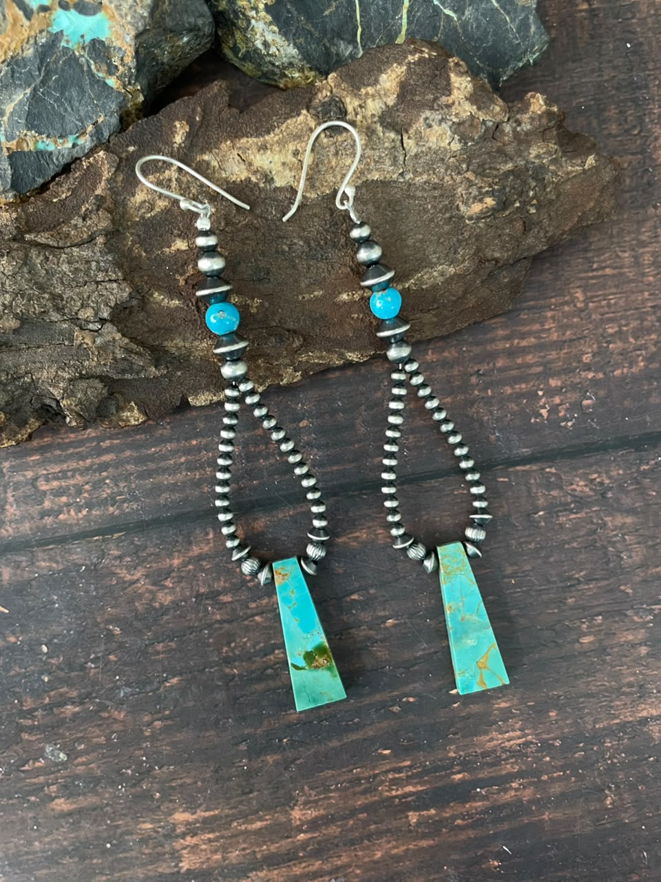Handmade Sterling Silver Kingman Turquoise Hook Dangle Beaded Earrings