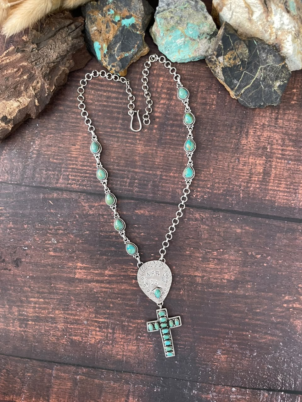 Handmade Sterling Silver Kingman Turquoise NFR Collection: Cross Necklace Signed Nizhoni