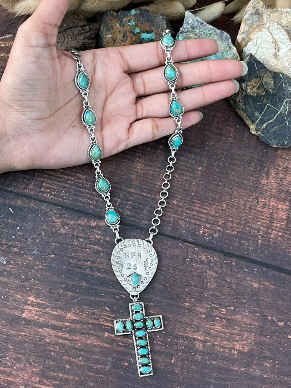 Handmade Sterling Silver Kingman Turquoise NFR Collection: Cross Necklace Signed Nizhoni