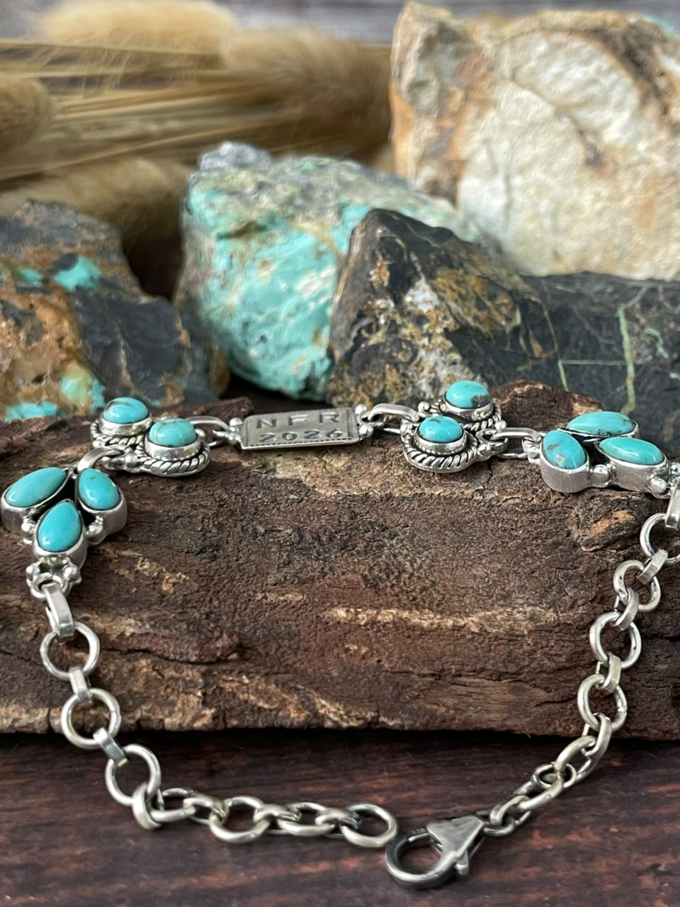 Handmade Sterling Silver Kingman Turquoise NFR Collection: Chain Bracelet Signed Nizhoni