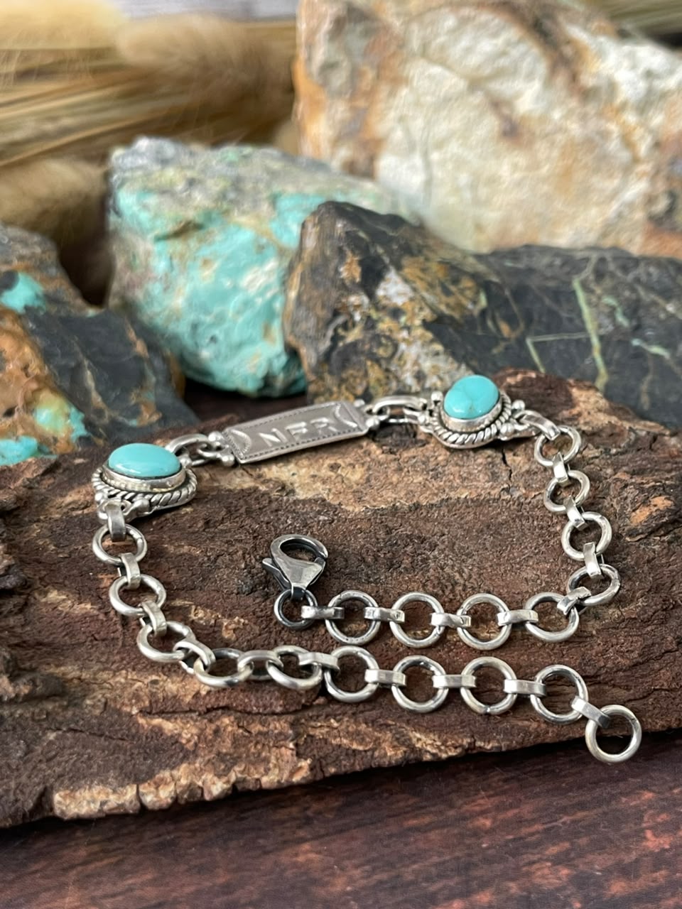 Handmade Sterling Silver Kingman Turquoise NFR Collection: Chain Bracelet Signed Nizhoni