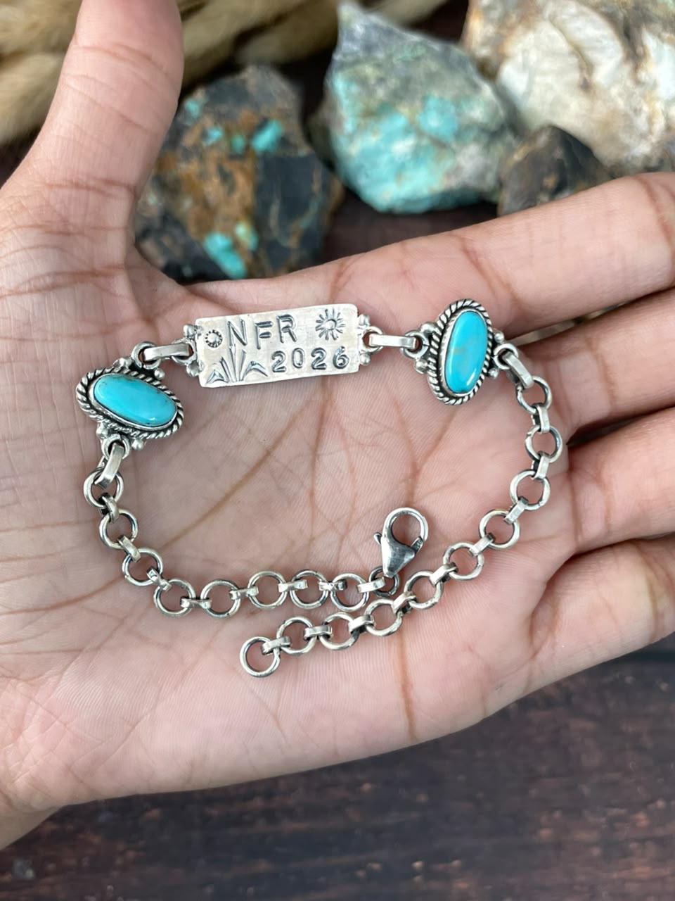 Handmade Sterling Silver Kingman Turquoise NFR Collection: Chain Bracelet Signed Nizhoni