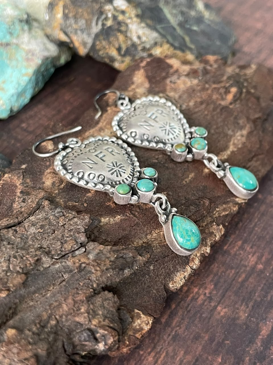 Handmade Sterling Silver Kingman Turquoise NFR Collection: Heart Hook Dangle Earrings Signed Nizhoni