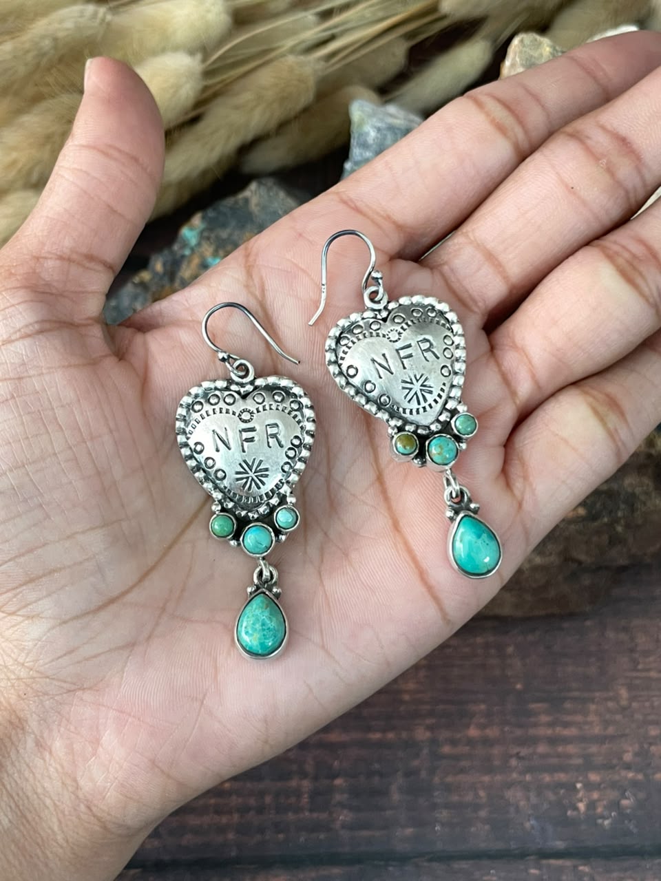 Handmade Sterling Silver Kingman Turquoise NFR Collection: Heart Hook Dangle Earrings Signed Nizhoni