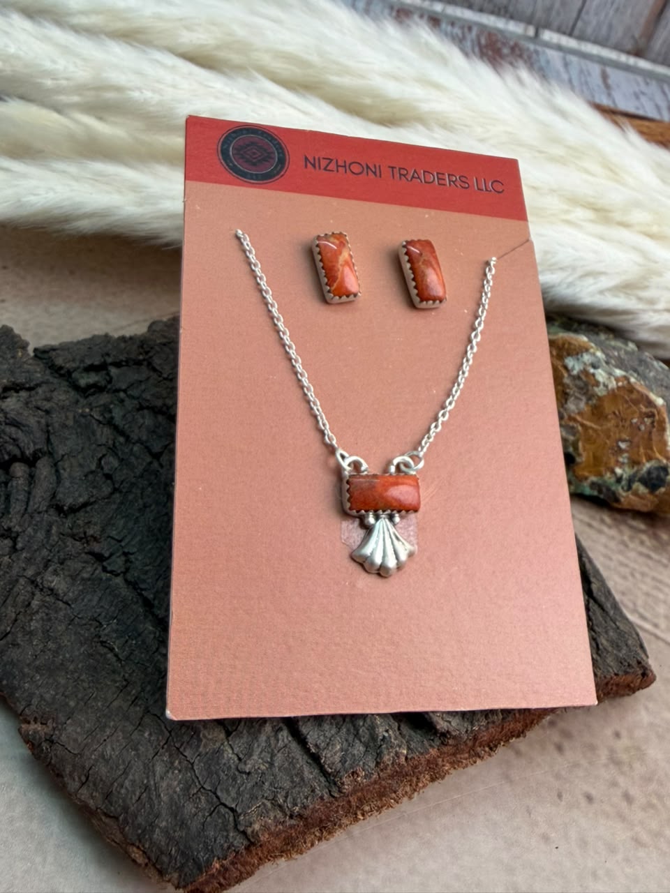 Handmade Sterling Silver Orange Mojave Necklace and Earrings Set Card
