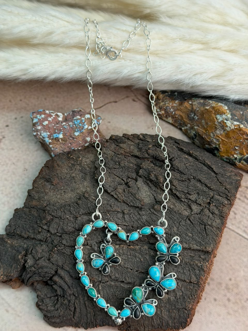 Handmade Sterling Silver White Buffalo with Kingman Turquoise Heart Necklace Signed Nizhoni