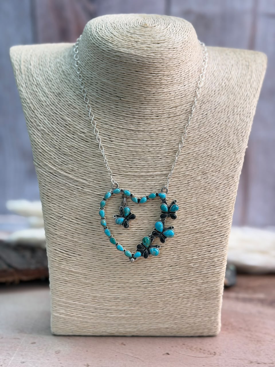 Handmade Sterling Silver White Buffalo with Kingman Turquoise Heart Necklace Signed Nizhoni
