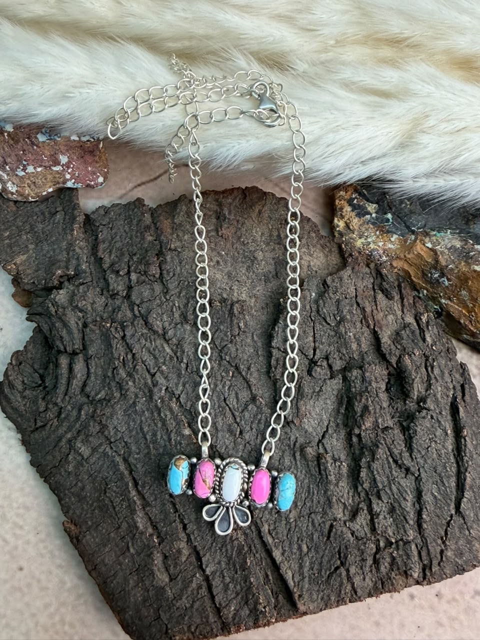 Handmade Sterling Silver Cotton Candy Necklace Signed Nizhoni