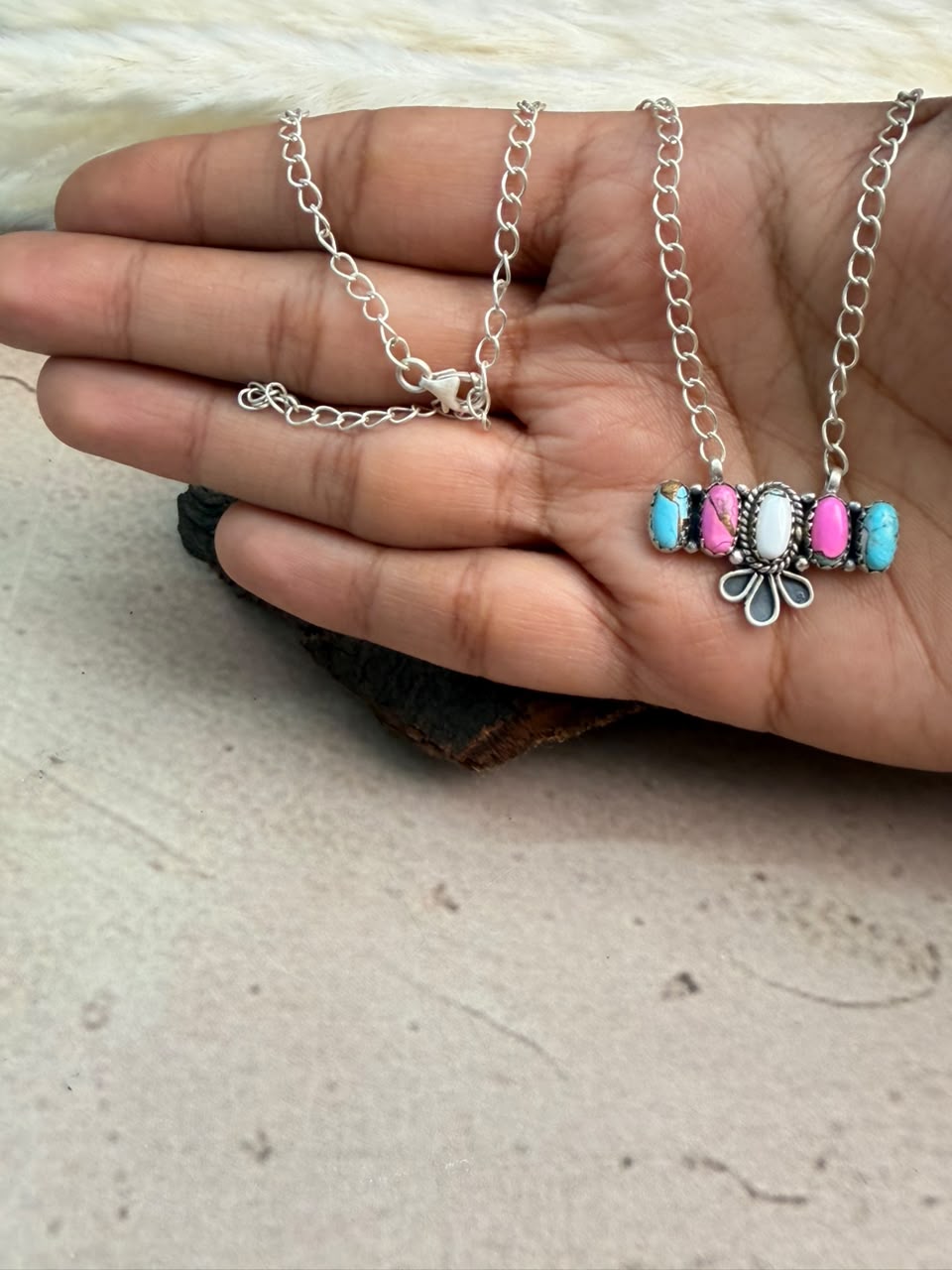Handmade Sterling Silver Cotton Candy Necklace Signed Nizhoni