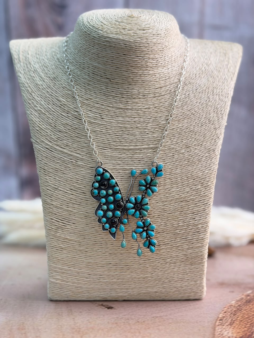 Handmade Sterling Silver White Buffalo with Kingman Turquoise Butterfly Necklace Signed Nizhoni