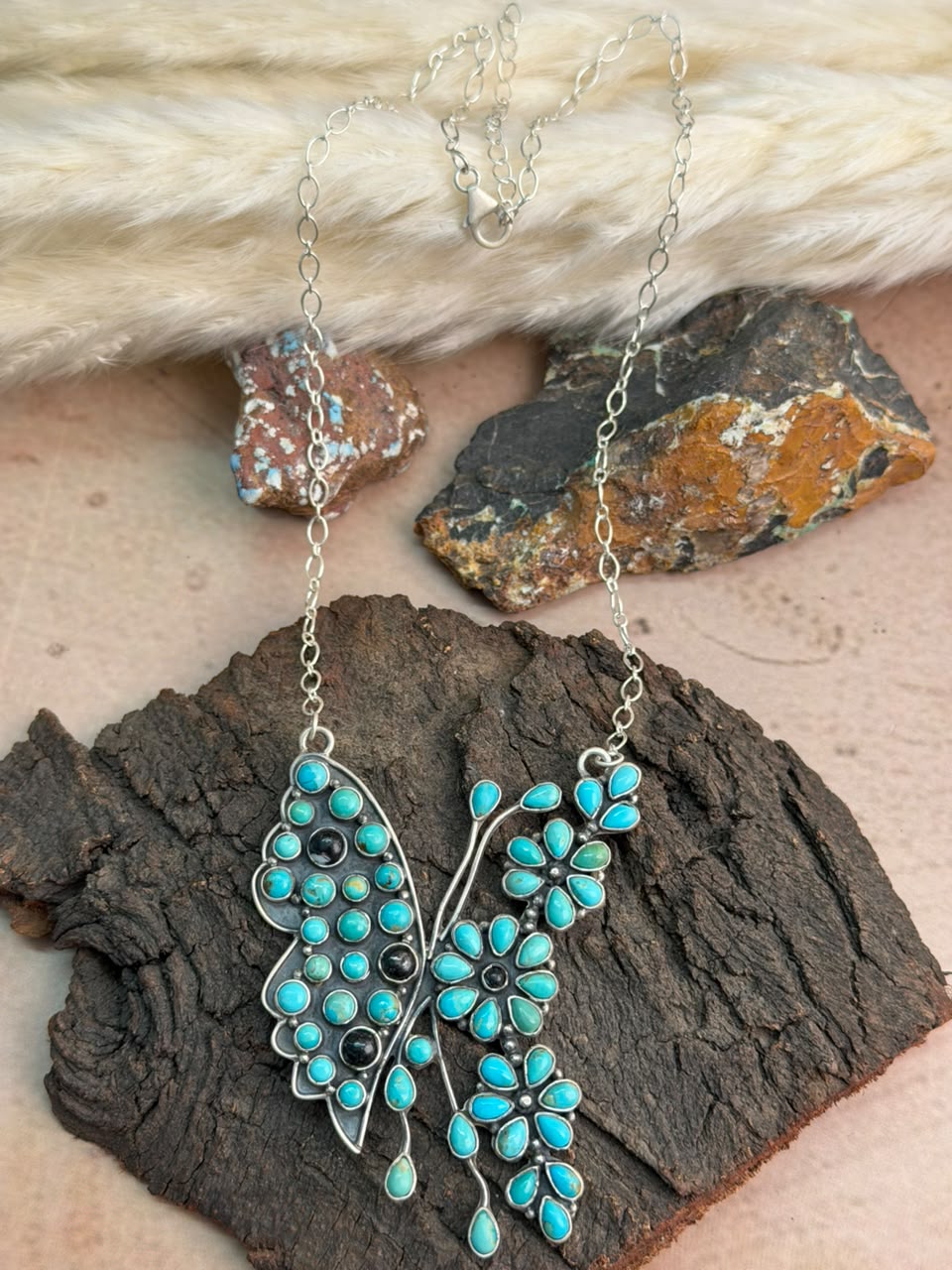 Handmade Sterling Silver White Buffalo with Kingman Turquoise Butterfly Necklace Signed Nizhoni