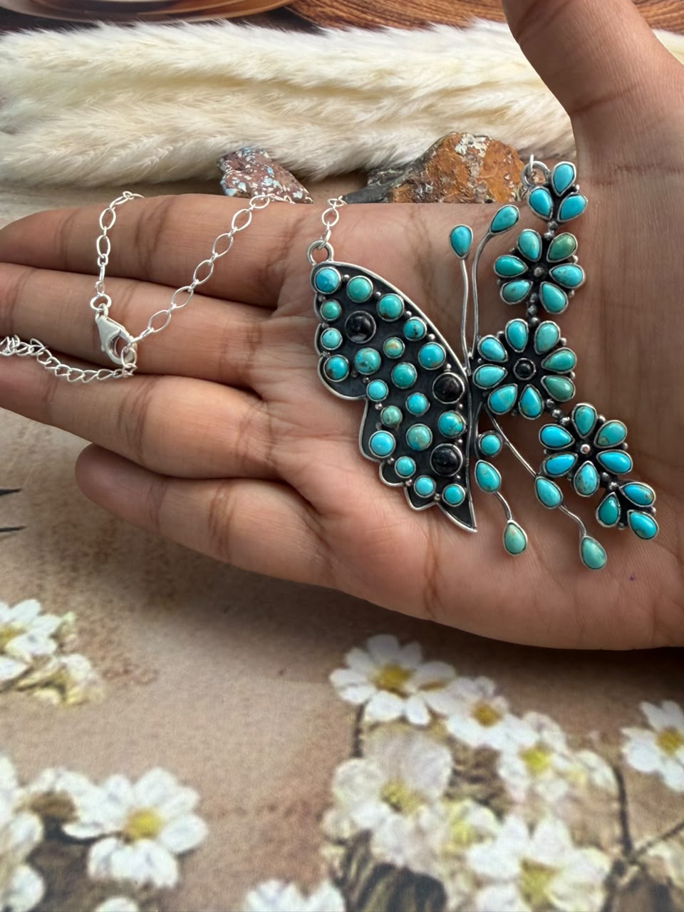 Handmade Sterling Silver White Buffalo with Kingman Turquoise Butterfly Necklace Signed Nizhoni