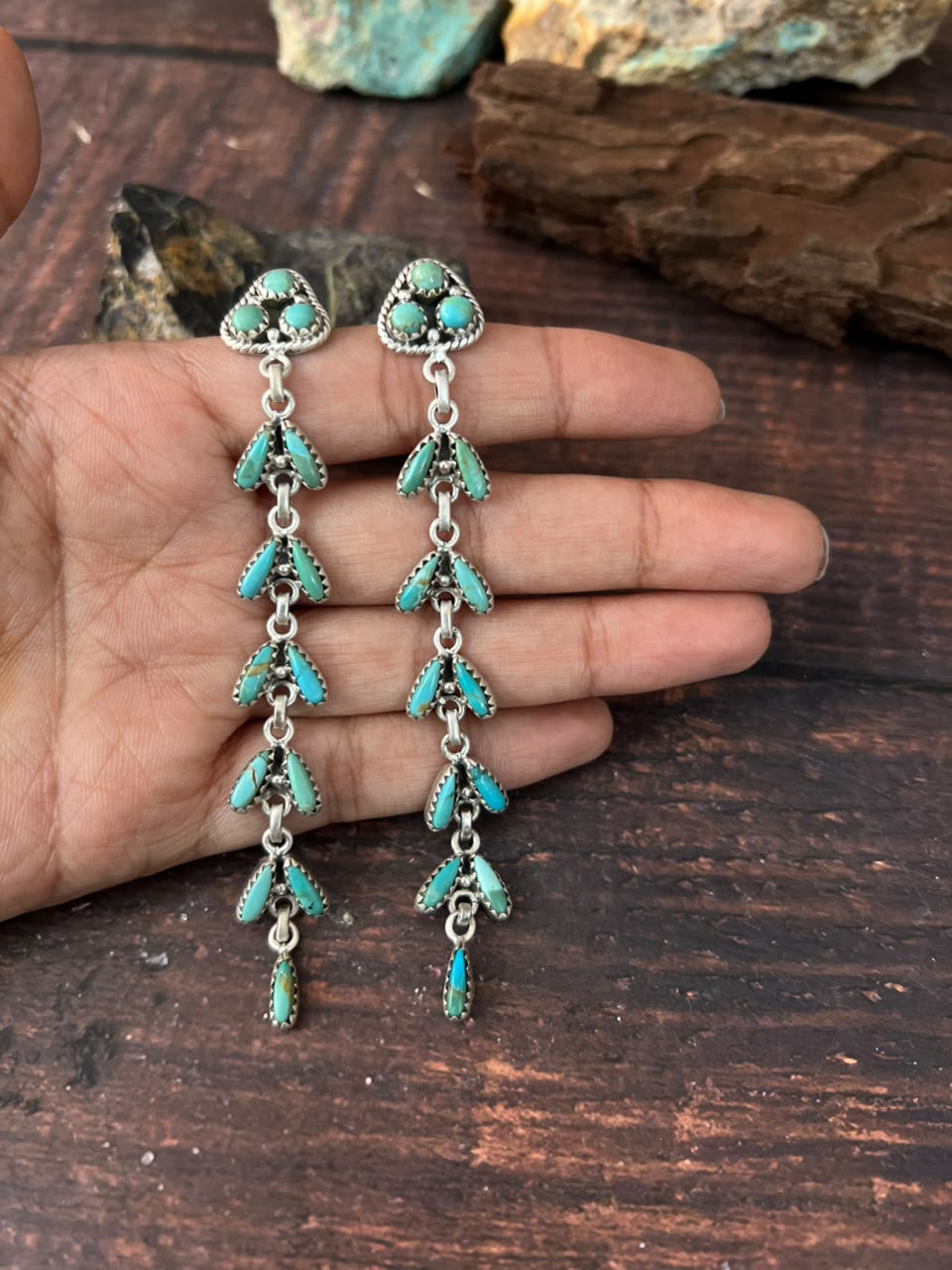 Handmade Sterling Silver Kingman Turquoise Post Dangle Earrings Signed Nizhoni