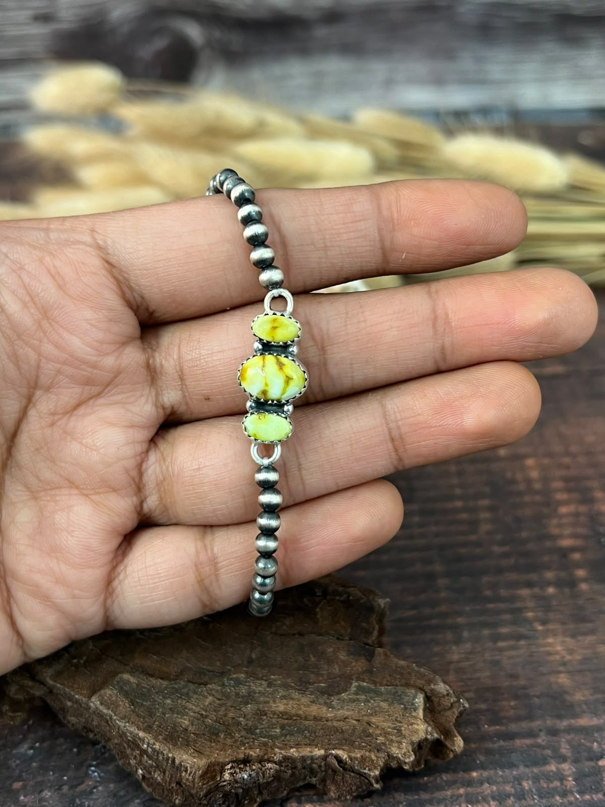 Handmade Sterling Silver Palomino Turquoise Stretchy Beaded Bracelet Signed Nizhoni