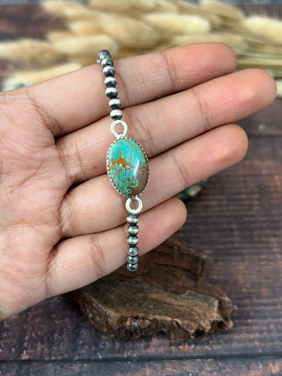 Handmade Sterling Silver Royston Ribbon Turquoise Stretchy Beaded Bracelet Signed Nizhoni