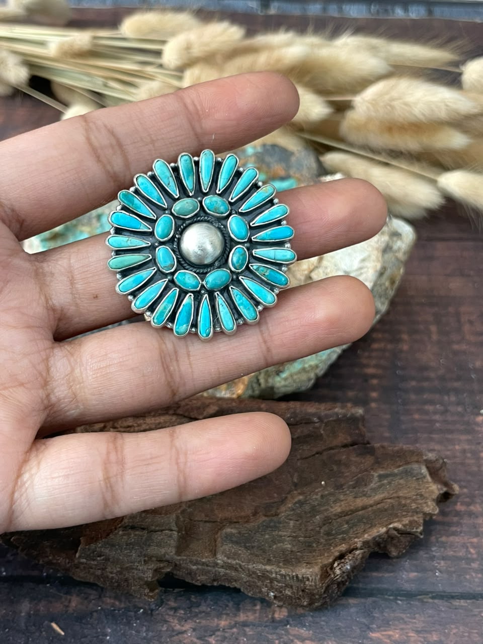 Handmade Sterling Silver Kingman Turquoise Adjustable Ring Signed Nizhoni