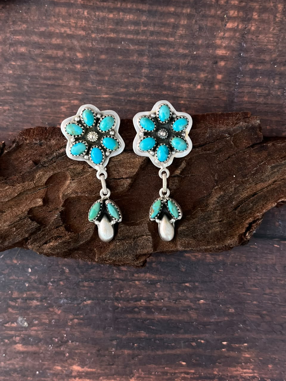 Handmade Sterling Silver Kingman Turquoise Post Dangle Earrings Signed Nizhoni