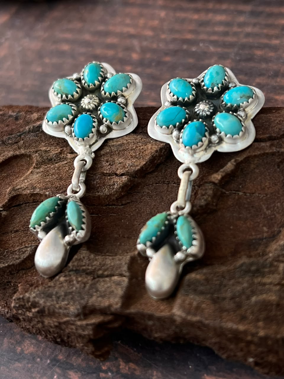Handmade Sterling Silver Kingman Turquoise Post Dangle Earrings Signed Nizhoni