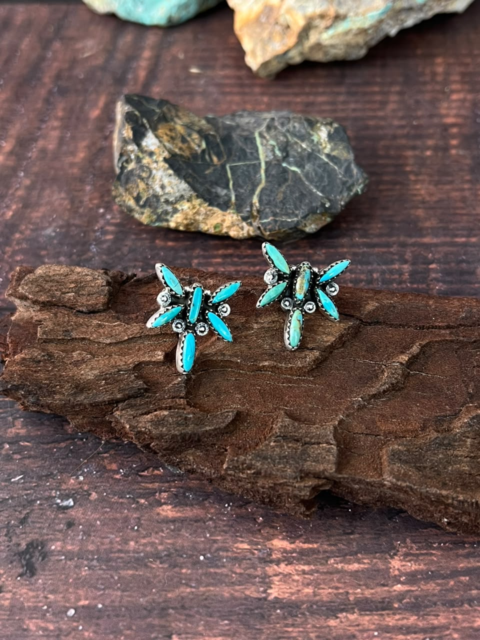 Handmade Sterling Silver Kingman Turquoise Post Studs Earrings Signed Nizhoni