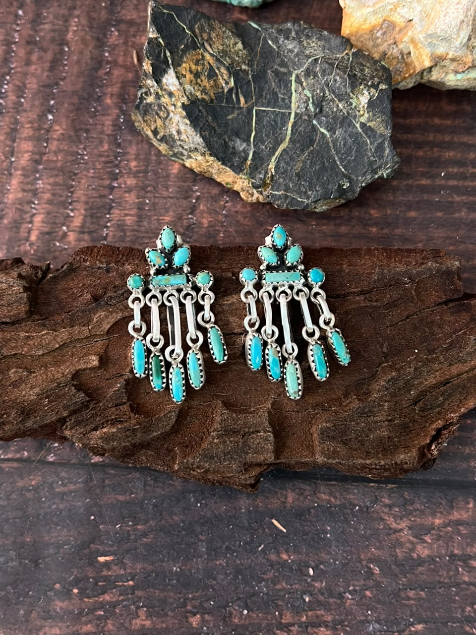 Handmade Sterling Silver Kingman Turquoise Post Dangle Earrings Signed Nizhoni