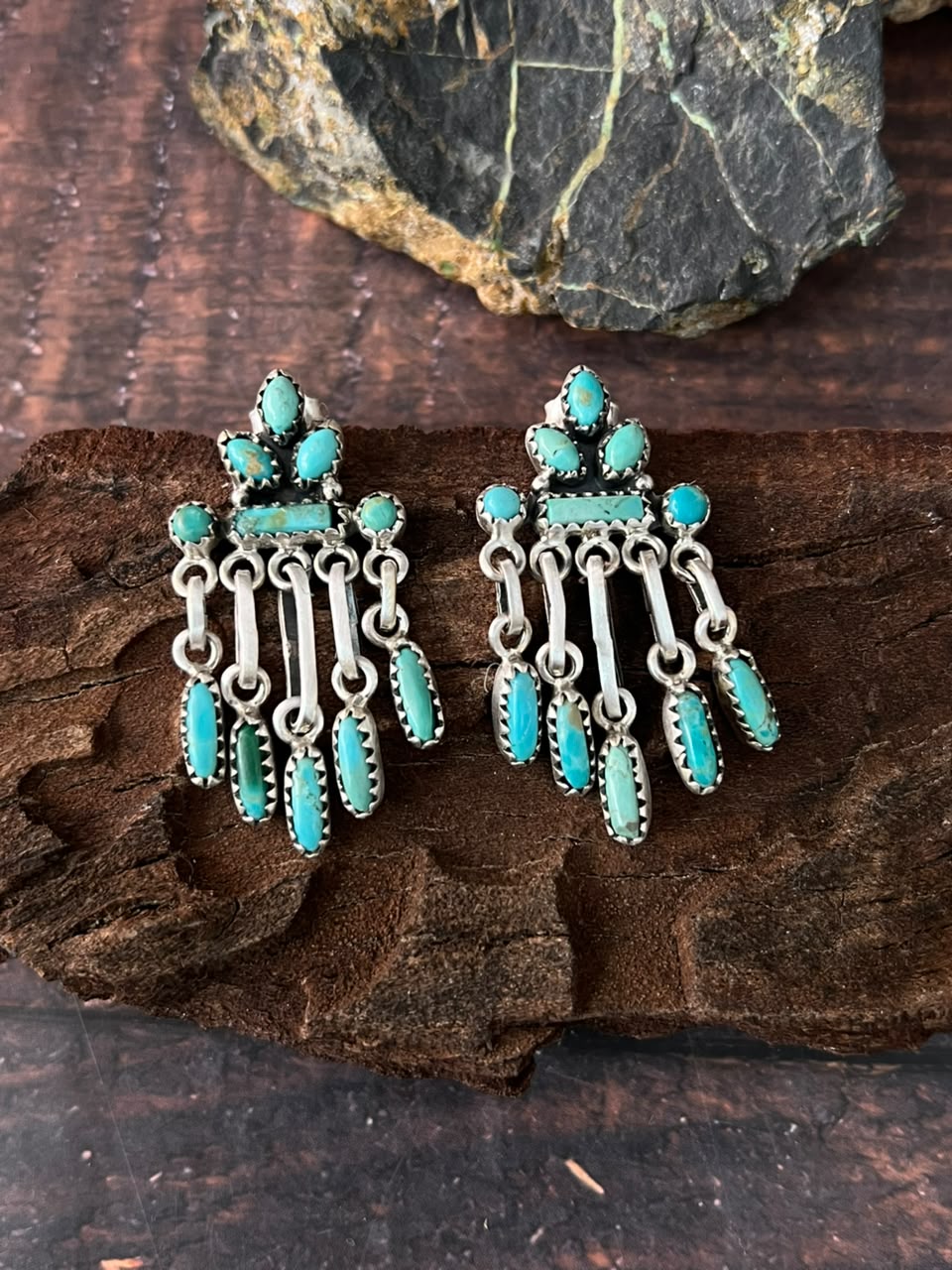Handmade Sterling Silver Kingman Turquoise Post Dangle Earrings Signed Nizhoni