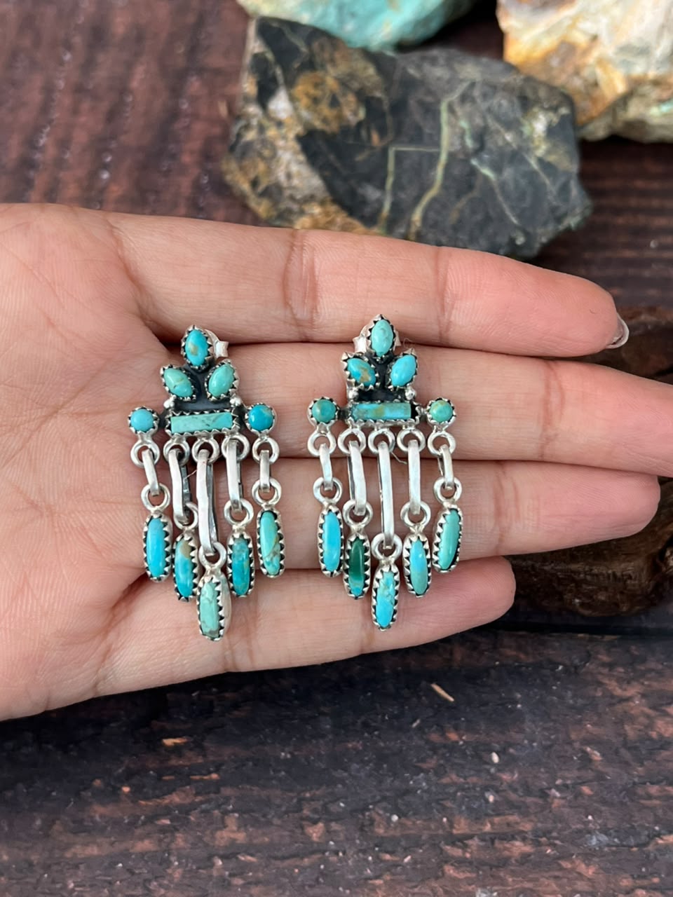Handmade Sterling Silver Kingman Turquoise Post Dangle Earrings Signed Nizhoni
