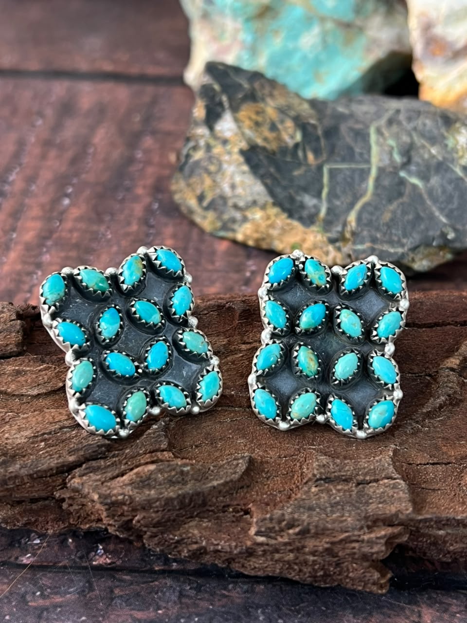 Handmade Sterling Silver Kingman Turquoise Post Studs Earrings Signed Nizhoni