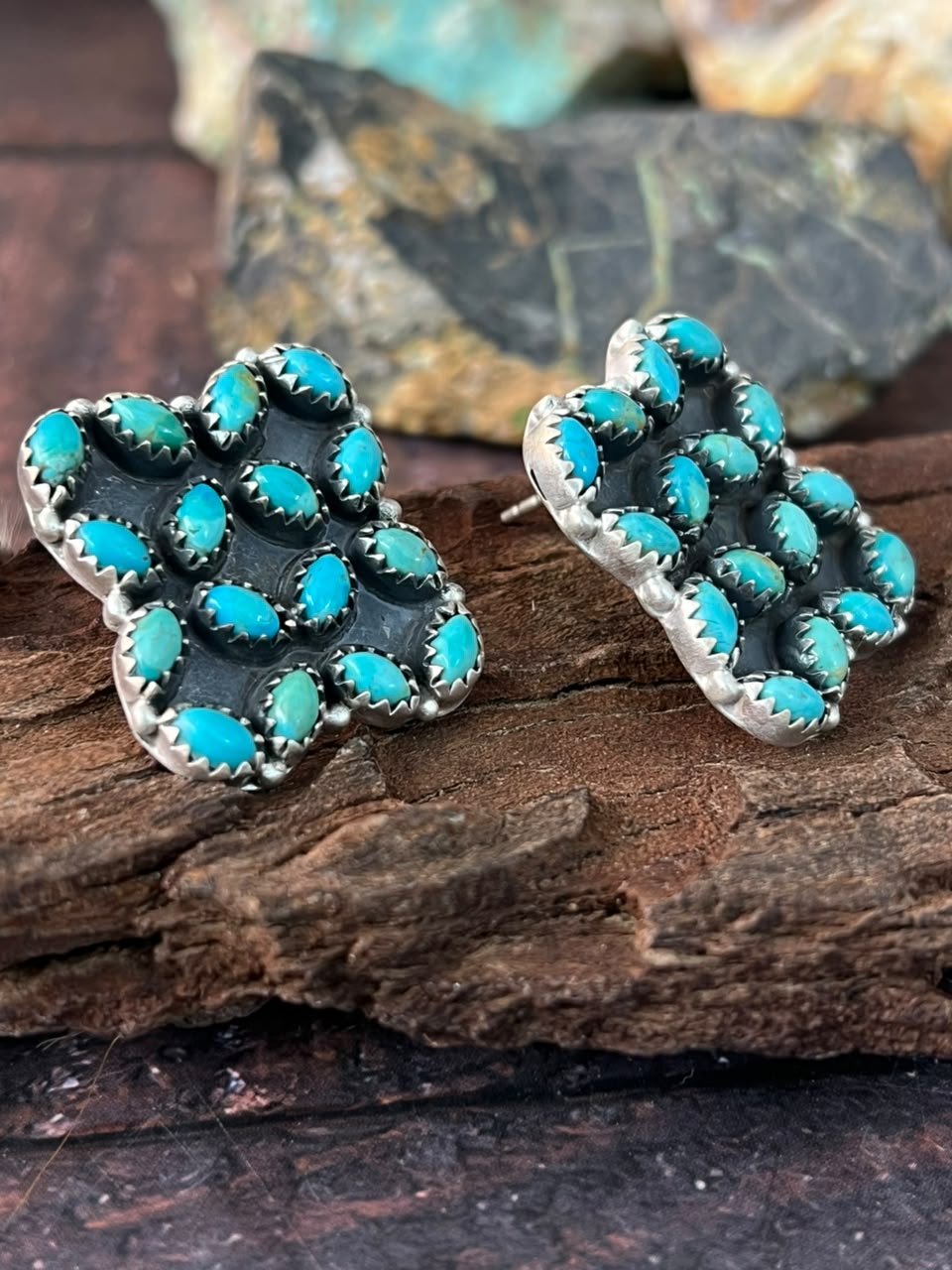 Handmade Sterling Silver Kingman Turquoise Post Studs Earrings Signed Nizhoni
