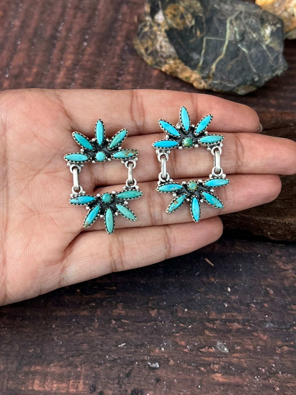 Handmade Sterling Silver Kingman Turquoise Post Dangle Earrings Signed Nizhoni