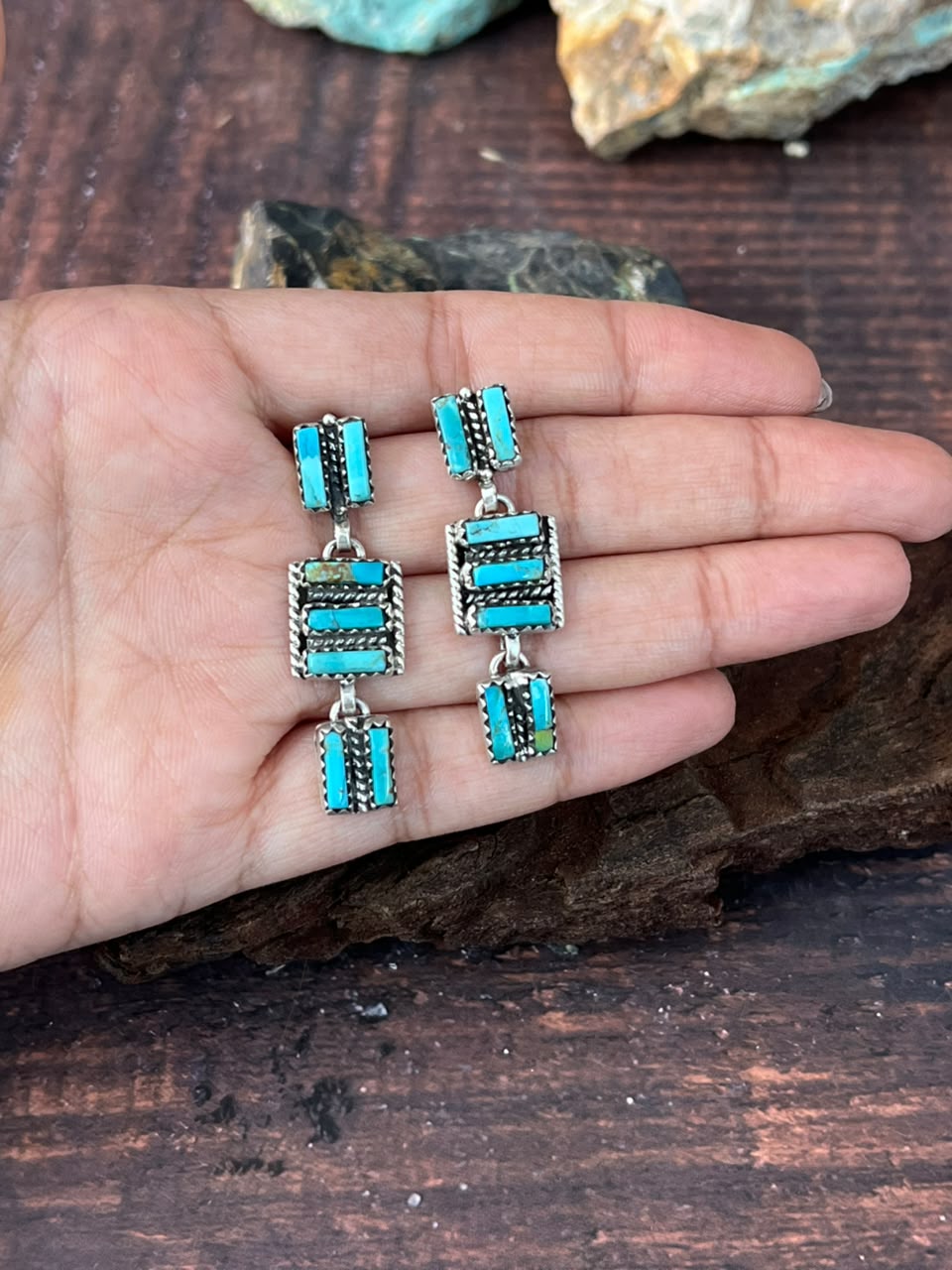 Handmade Sterling Silver Kingman Turquoise Post Dangle Earrings Signed Nizhoni