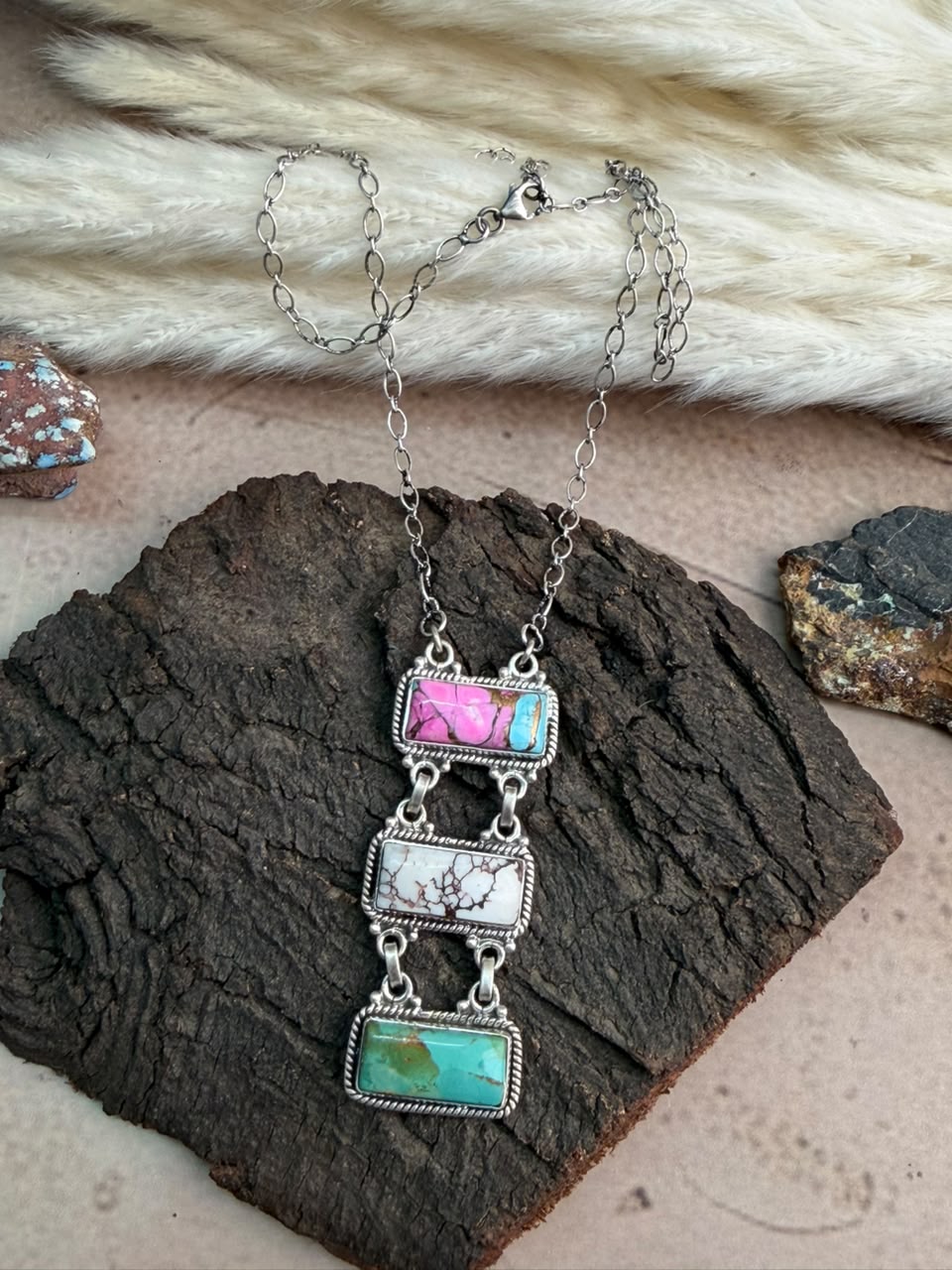 Handmade Sterling Silver Wildhorse Magnesite with Kingman Turquoise and Cotton Candy Necklace Signed Nizhoni