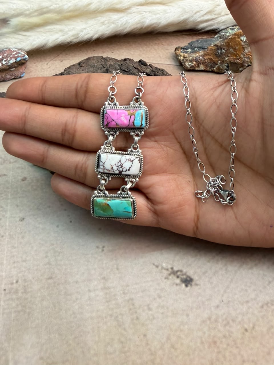 Handmade Sterling Silver Wildhorse Magnesite with Kingman Turquoise and Cotton Candy Necklace Signed Nizhoni