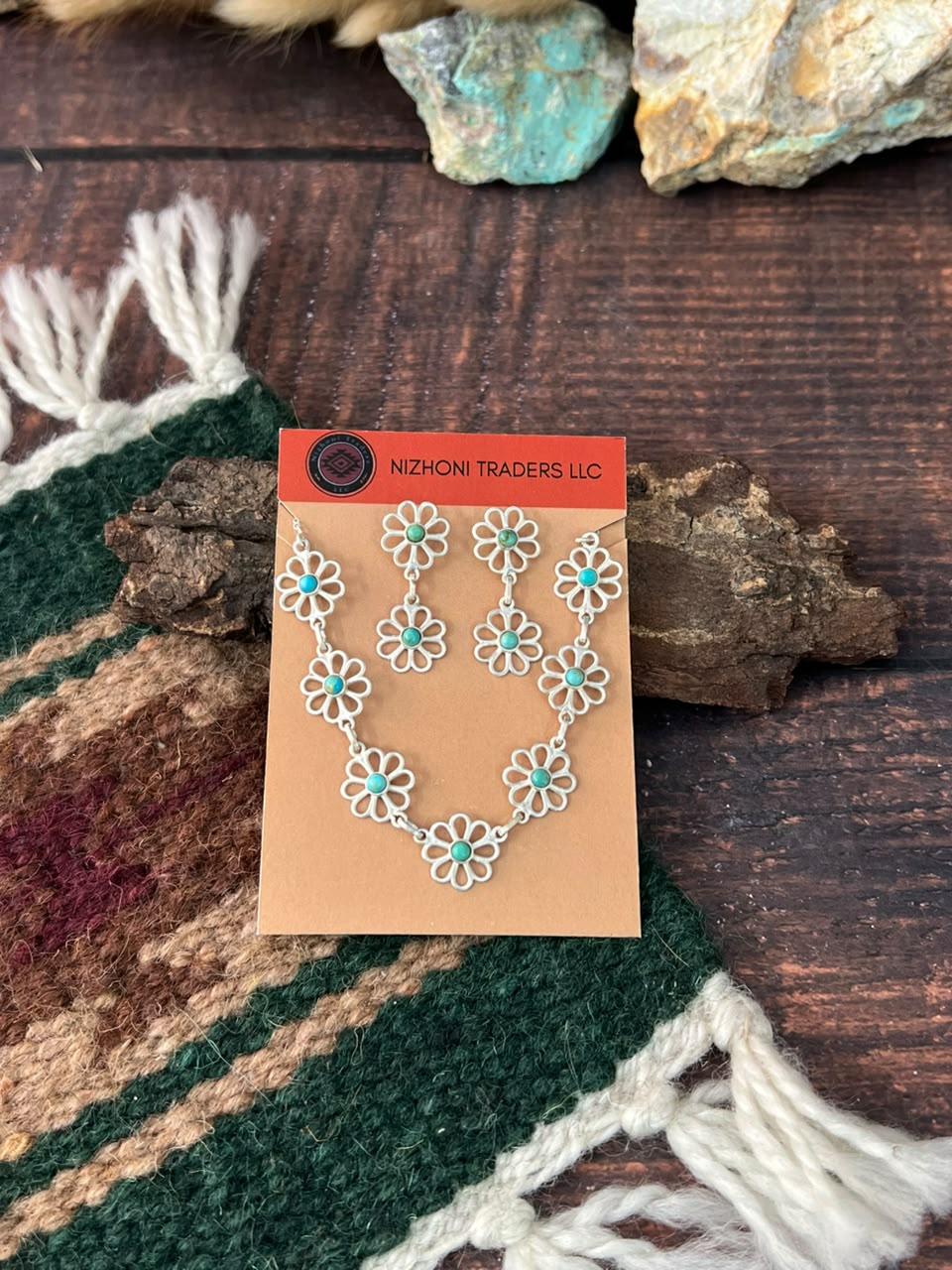 Handmade Sterling Silver Kingman Turquoise Necklace and Earrings Set Card