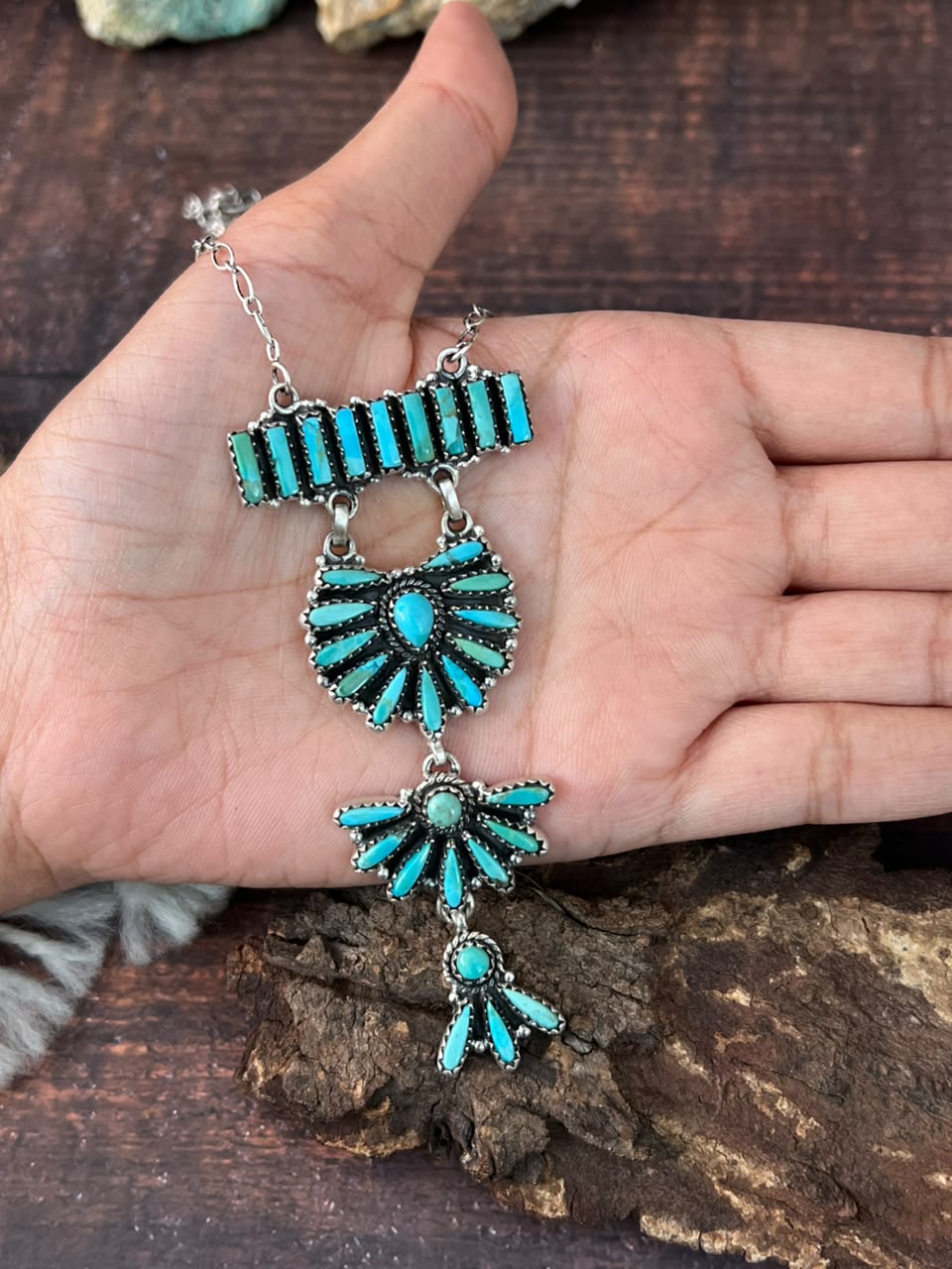 Handmade Sterling Silver Kingman Turquoise Drop Necklace Signed Nizhoni