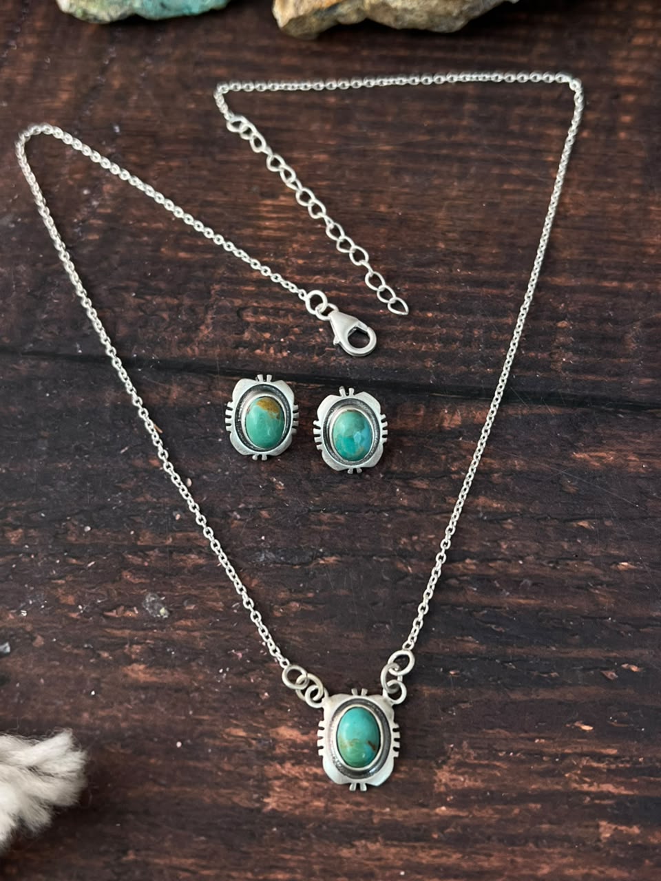 Handmade Sterling Silver Kingman Turquoise Necklace and Earrings Set Signed Nizhoni