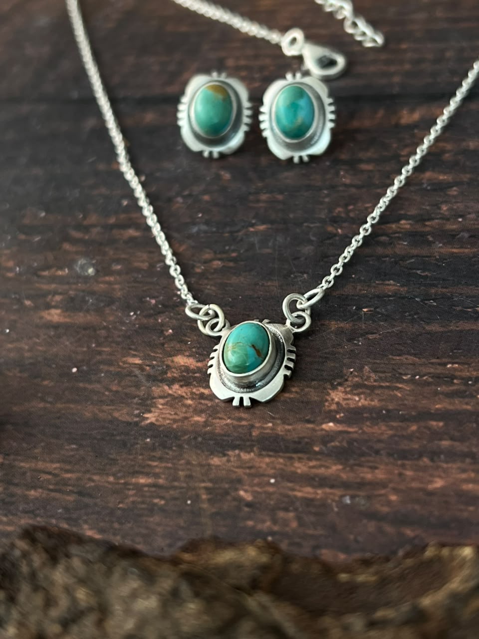 Handmade Sterling Silver Kingman Turquoise Necklace and Earrings Set Signed Nizhoni