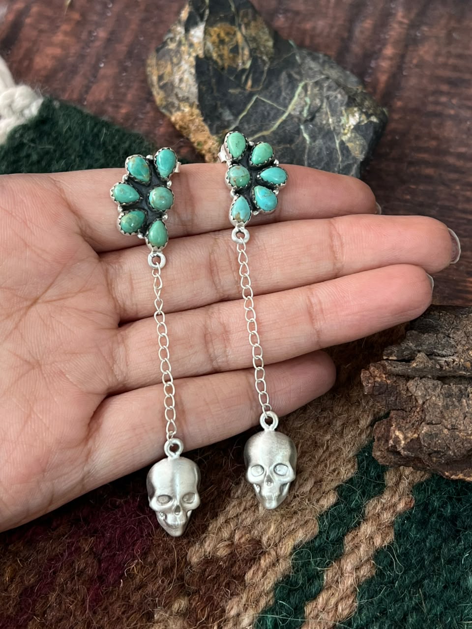 Handmade Sterling Silver Kingman Turquoise Halloween Collection: Post Dangle Earrings Signed Nizhoni