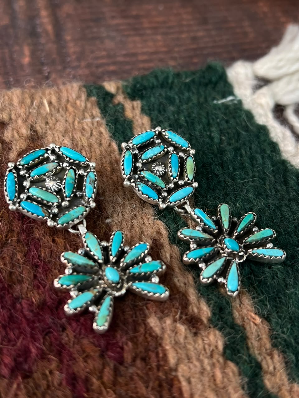 Handmade Sterling Silver Kingman Turquoise Post Dangle Earrings Signed Nizhoni