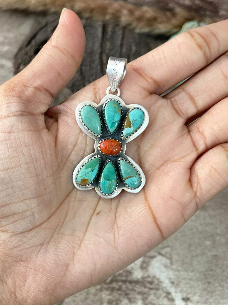 Handmade Sterling Silver Orange Mojave with Kingman Turquoise Pendant Signed Nizhoni