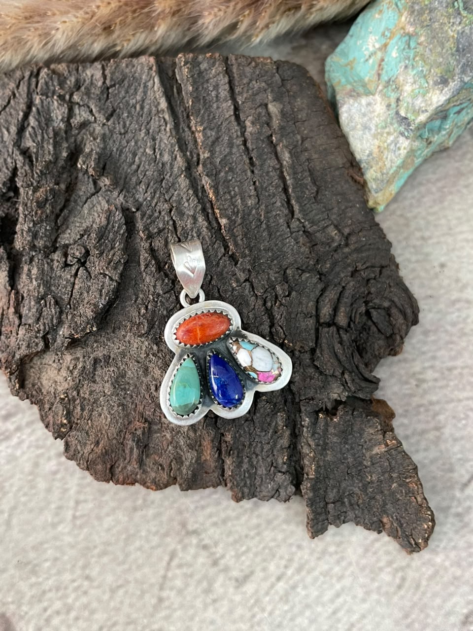 Handmade Sterling Silver Lapis with Cotton Candy, Kingman Turquoise and Orange Mojave Pendant Signed Nizhoni