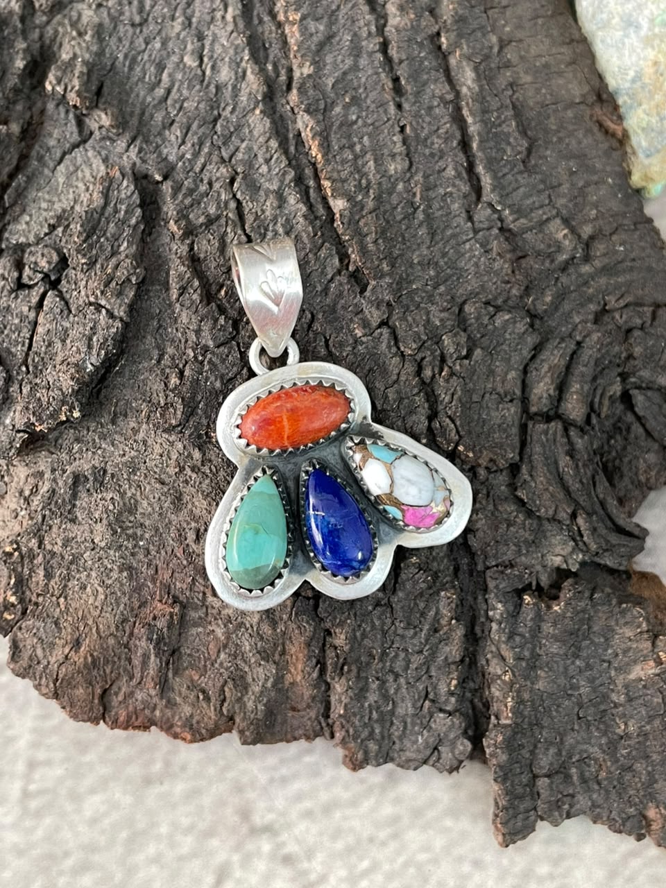 Handmade Sterling Silver Lapis with Cotton Candy, Kingman Turquoise and Orange Mojave Pendant Signed Nizhoni