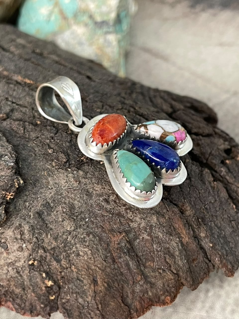Handmade Sterling Silver Lapis with Cotton Candy, Kingman Turquoise and Orange Mojave Pendant Signed Nizhoni