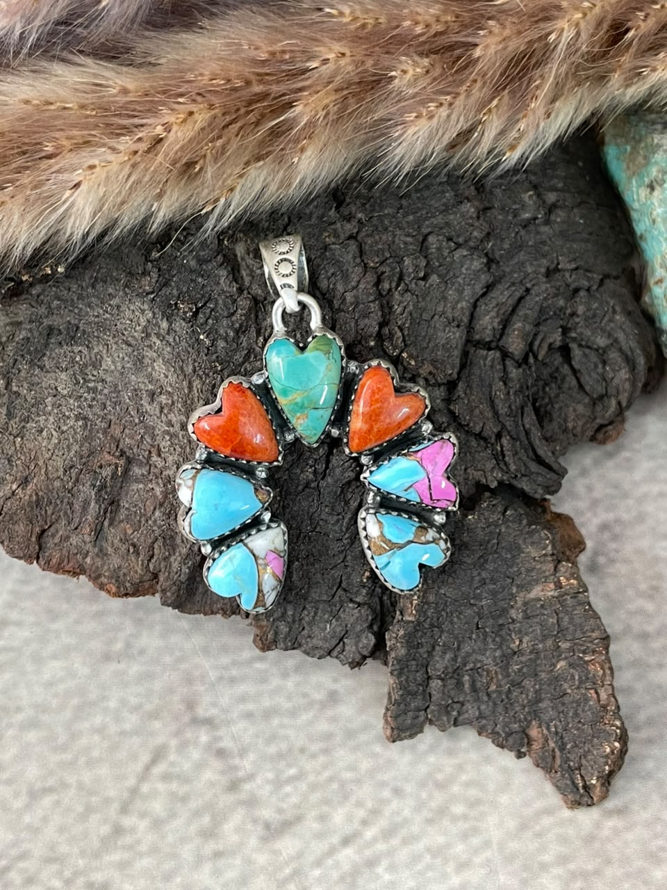 Handmade Sterling Silver Orange Mojave with Kingman Turquoise and Cotton Candy Naja Pendant Signed Nizhoni