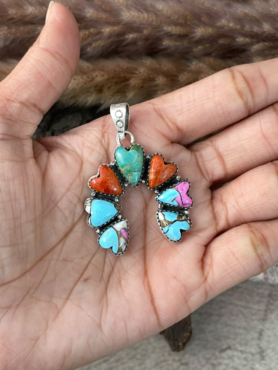 Handmade Sterling Silver Orange Mojave with Kingman Turquoise and Cotton Candy Naja Pendant Signed Nizhoni